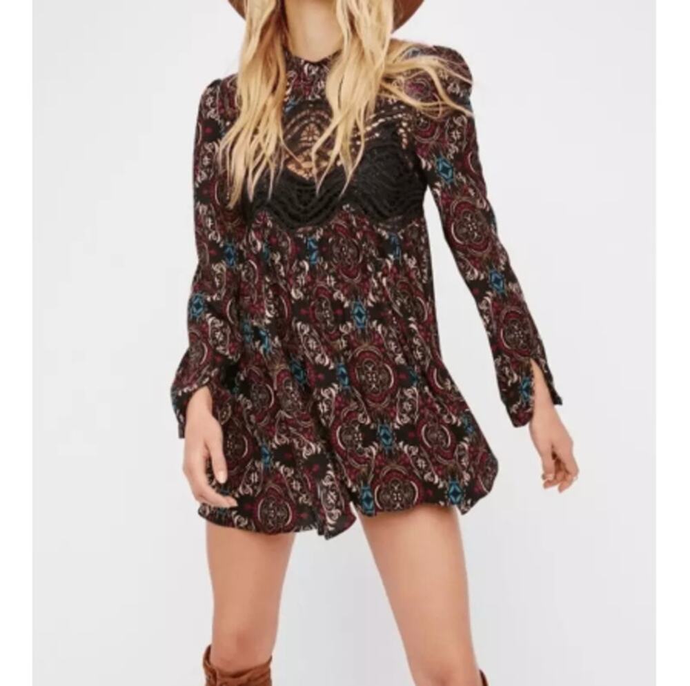 NEW FREE PEOPLE Black Paisley Print Tunic Dress Size S